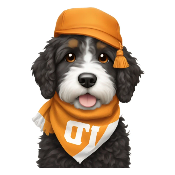 Bernedoodle with University of tennessee hat and scarf sticker