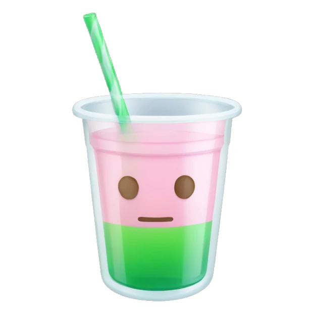 clear cup with light pink and green liquid. Transparent straw sticks out of cup sticker