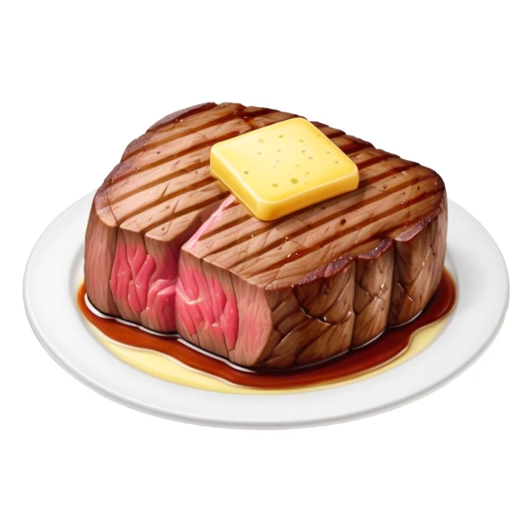 Cinematic thick-cut steak, perfectly seared with grill marks, a juicy pink center, butter melting on top, rich and savory, warm glow, sizzling and mouthwatering, highly detailed and appetizing. sticker
