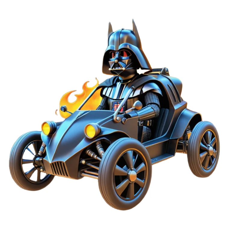 Mad max survival apocalypse ghostly sporty Darth Vader’s Batman-armored 1886 black graphite colored school buggy with horizontal holographic flames painted on the body sides and neon under glow  sticker