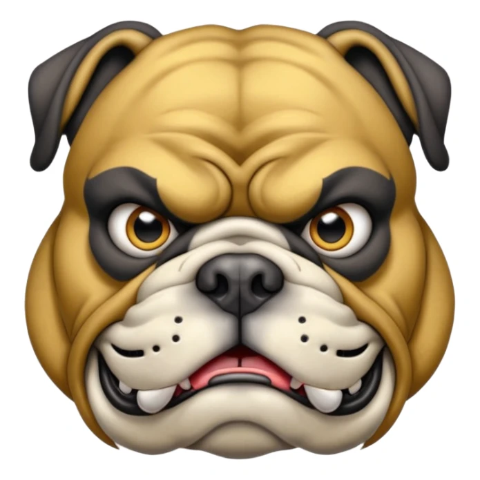 Create a fierce bulldog head emoji facing forward.
Strong jaw, deep wrinkles, and an intense scowl.
slight underbite with two visible fangs.
Blk & Gold gray fur with bold highlights and shading for depth.
Add a thick spiked collar (red or black) with shiny metallic spikes.
 sticker