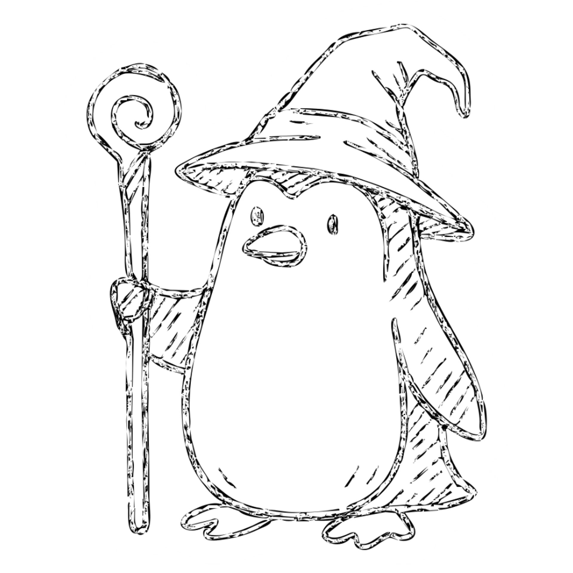 whimsical penguin wizard holding a staff, wearing a wizard hat, hand drawn outlined icon sticker