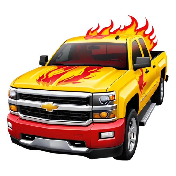 Yellow Chevrolet Silverado with elaborate airbrushed red flame pattern on hood and front quarter panels, screen-accurate Kill Bill truck artwork, 30-degree angle, iOS emoji style sticker