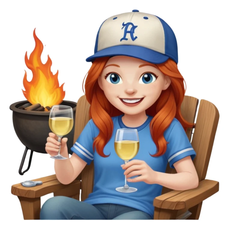 Laughing redhead with long hair and blue eyes wearing baseball cap holding white wine sitting in chair beside fire pit sticker