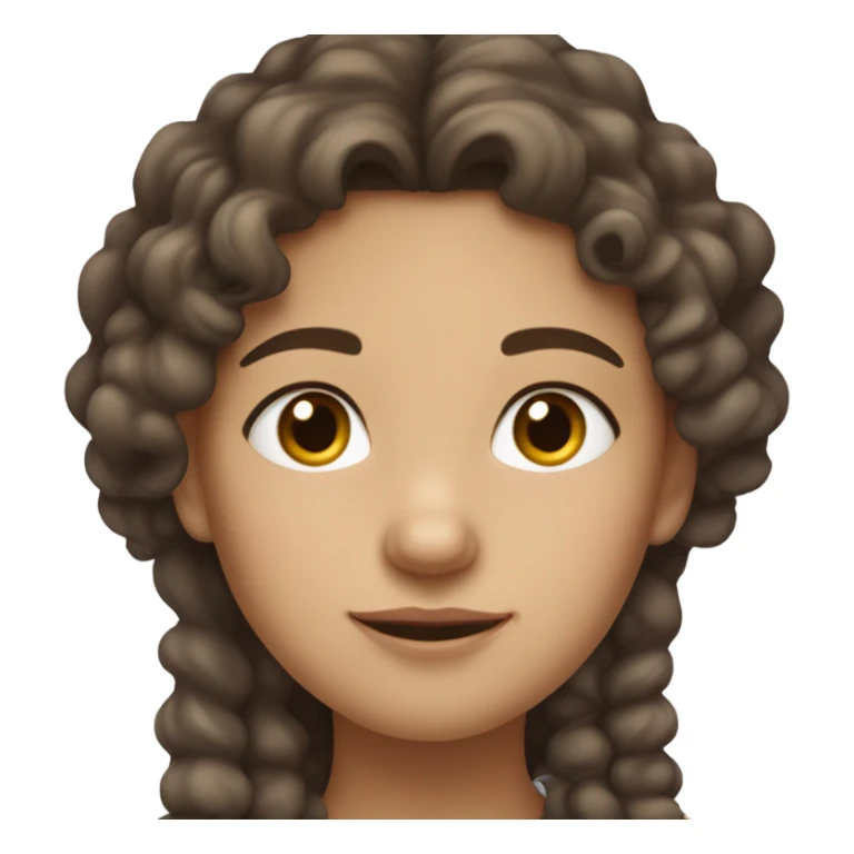 girl with long curly brown hair, she has light, white skin, two moles on her right cheek, brown hair sticker