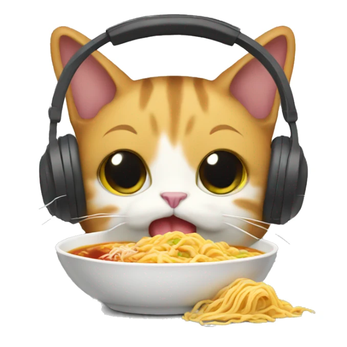 Cat with headphones eating ramen sticker
