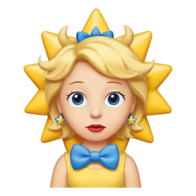 3D emoji head-only, smooth plastic, soft studio light, big round eyes, bold outline, centered, transparent bg,
Maggie Simpson, yellow skin, eight-point star hair with blue bow, red pacifier sticker
