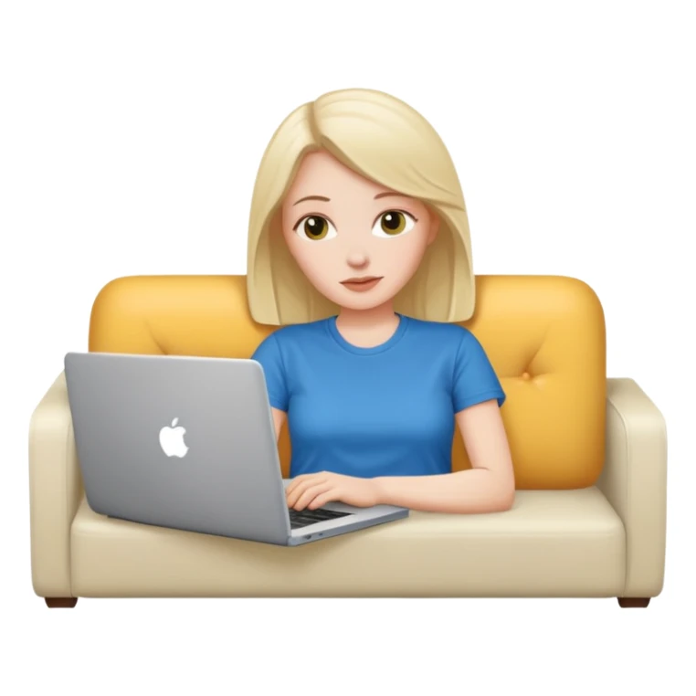 A white girl is lying on a sofa with a laptop sticker