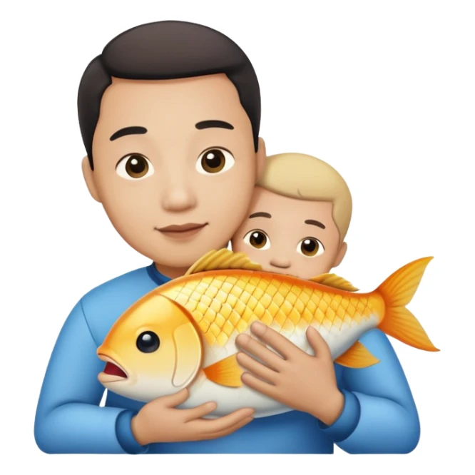 Asian man holding/hugging a fish like a baby sticker
