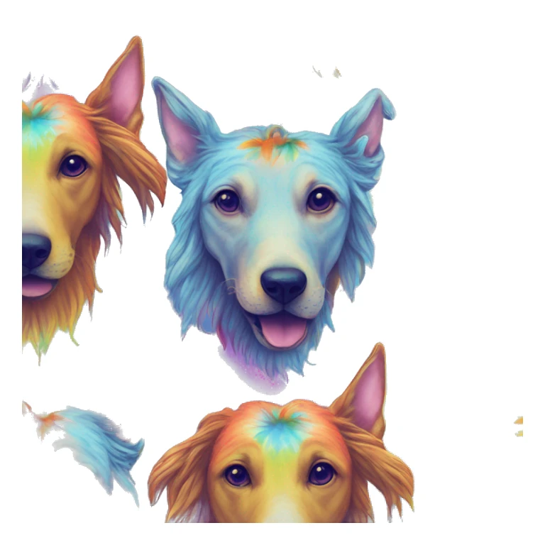 Multicolored rainbow retro groovy tie dye hippie trippy floral patterns on a metallic holographic iridescent blue dog face head unicorn sticker