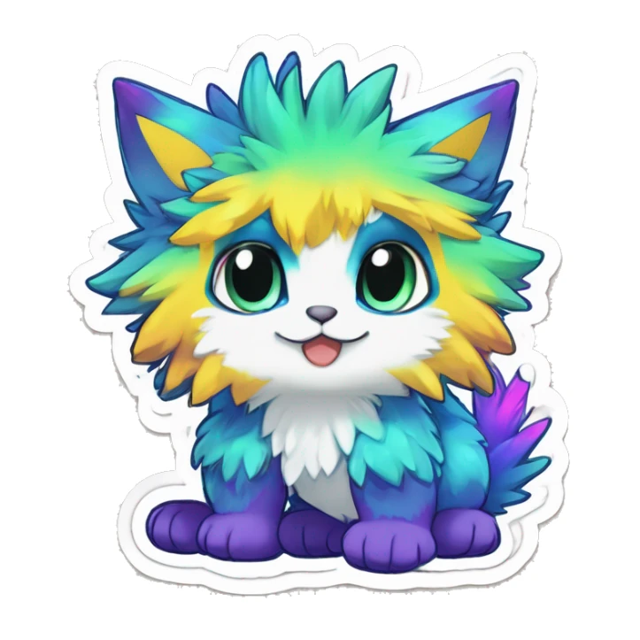 Anthro Fluffy Cool Cute Magical Elemental Shiny Colorful Neon Vibrant Colors Sparkle Kemono-style Chibi Fantasy-Animal-Fakémon-Pokémon-Hybrid Fur Sona Aesthetic Full Body Sticker sticker
