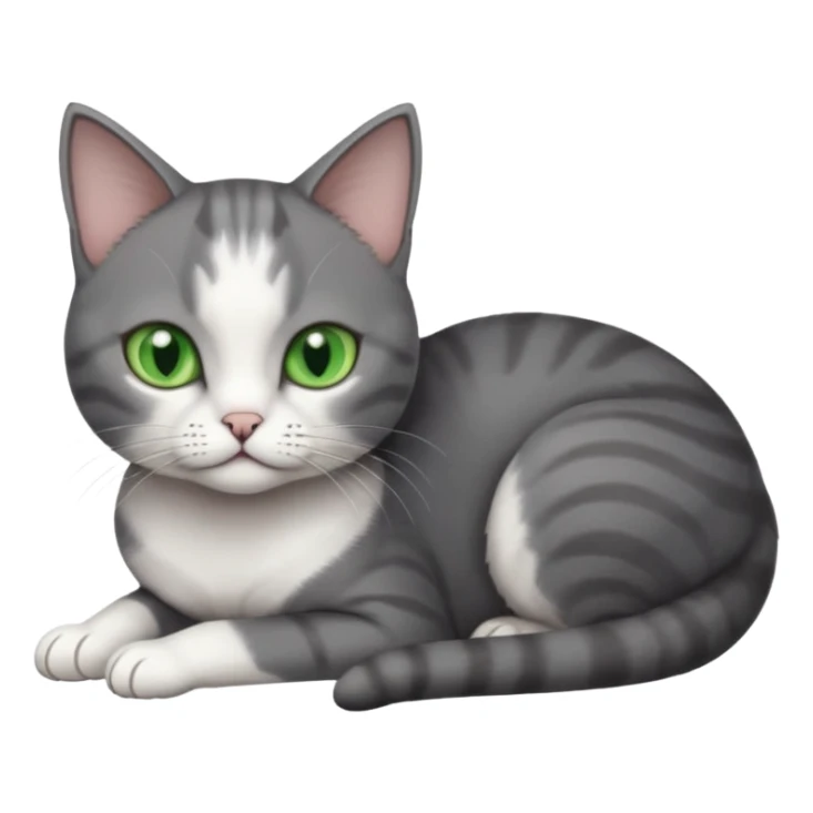 full body tiny short hair dark grey and white cat with white front legs and green eyes lying down sticker