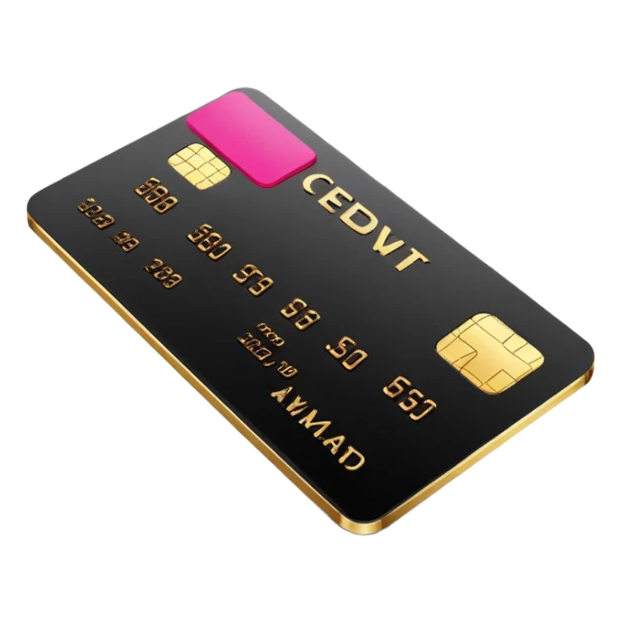 Black sleek credit card with gold chip and hot pink embossed numbers, minimal design, no logos, soft 3D style. sticker