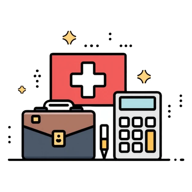Swiss financial advisor with Swiss cross symbol, briefcase and calculator sticker