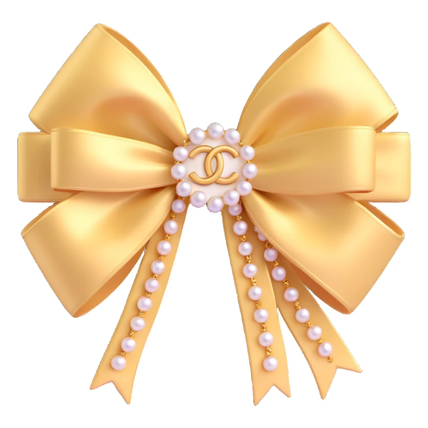 elegant bow with pearls and gold Chanel logo, sparkling effects, glossy, monochrome sticker