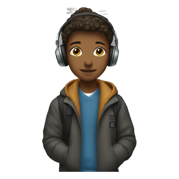 student standing by locker with wireless headphones, winter coat, and cell phone sticker