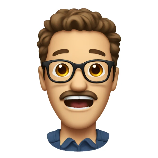 A man screaming and laughing, brown hair glasses and mustache sticker