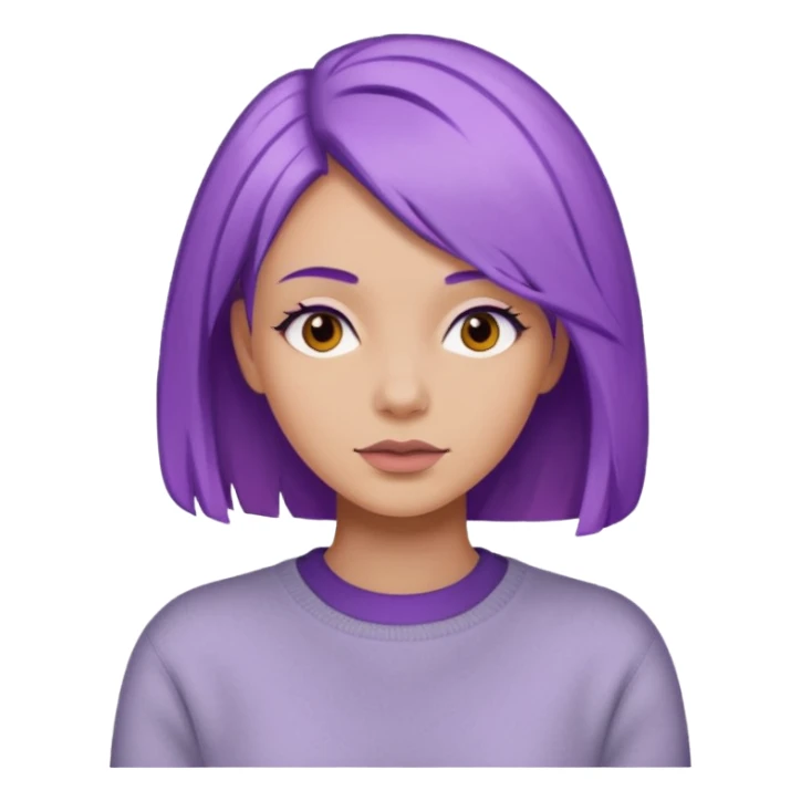 A woman with purple hair and a sweater sticker