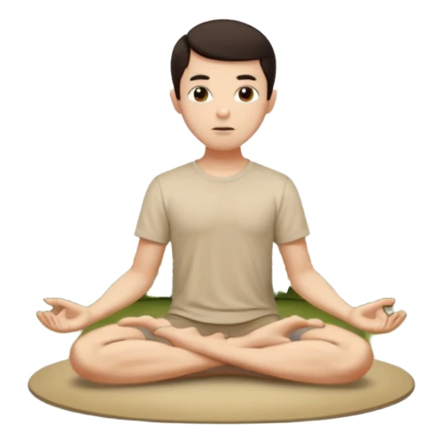 rapaz magro cabelo escuro, camiseta bege e  bermuda bege escuro, corpo inteiro meditando  num jardim oriental sticker