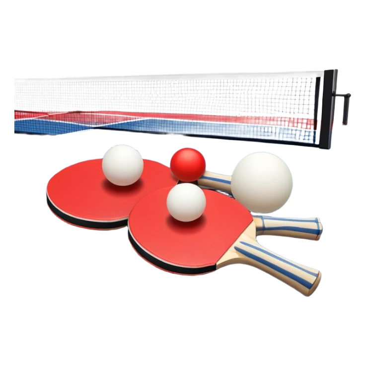 Two table tennis paddles and a ball placed on a ping pong table, with the net in the background. The scene conveys the simplicity and focus of the sport, with vibrant colors highlighting the rackets and ball on the smooth surface of the table. sticker