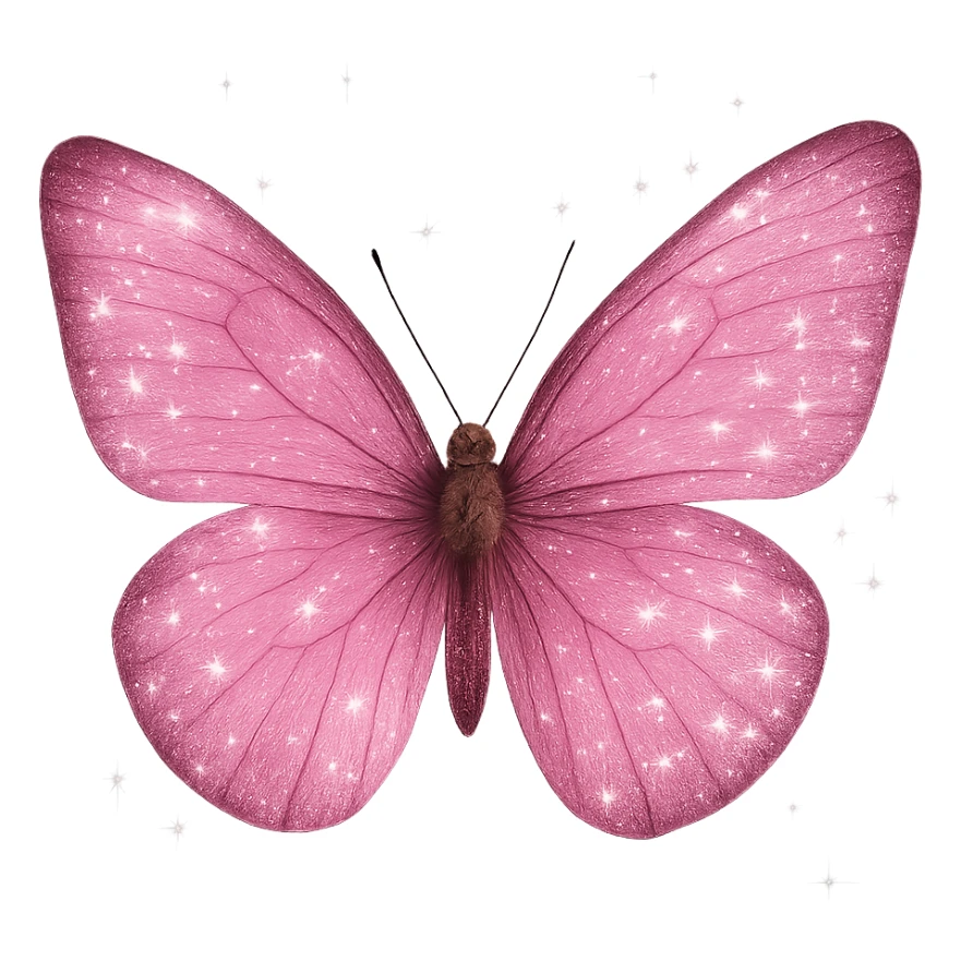 realistic 3D pink butterfly with sparkles, transparent background sticker