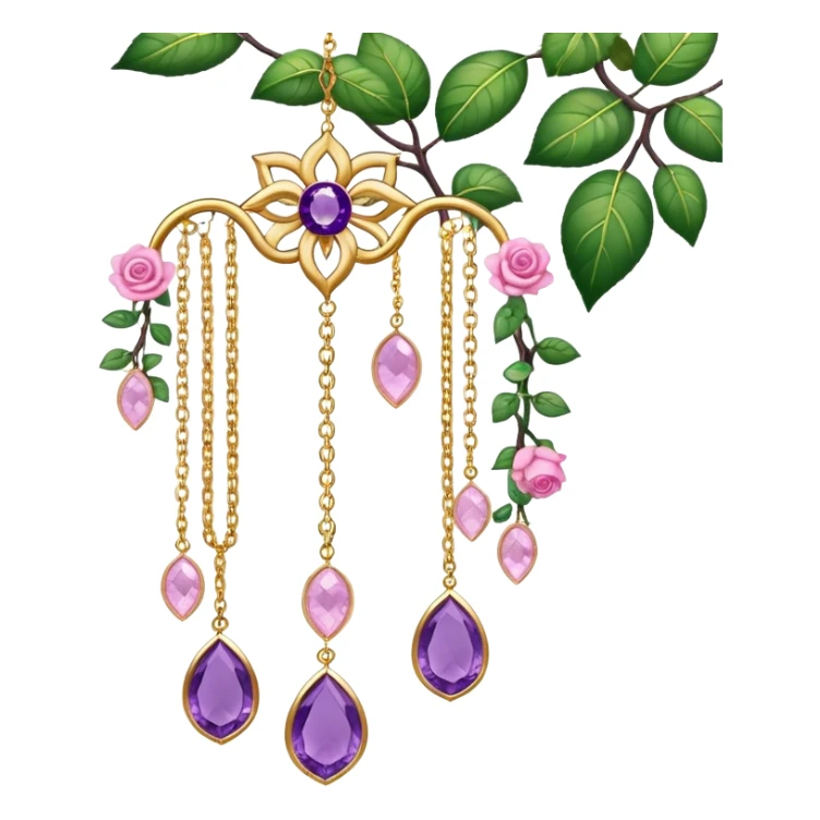 Hanging suncatcher, gold chains with shiny sparkly amethyst and rose-quartz gemstones, flowers, beautiful leaves, gorgeous aesthetics sticker