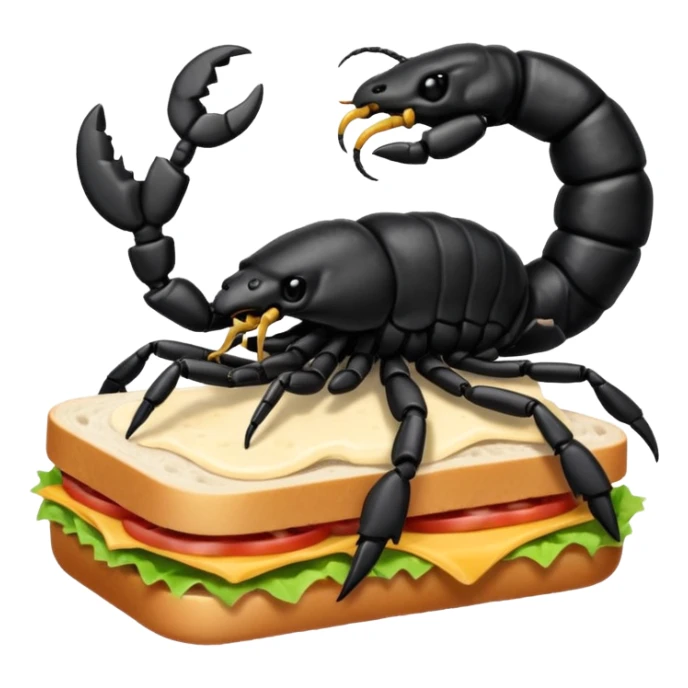 MAKE A SCORPION ON TOP OF A EHITE FLUFFY CLOUD THAT IS HOLDING A SANDWICH IN ITS CLAW AND LOOKING LIKE ITS EATING IT AND ITS NOT ON TOP OF THE SANDWICH ITS HOLDING IT AND NO SANDWICH UNDER ITS FEET OMG JUST MAKE A CLOUD AND ON TOP OF IT IT SHOULD BE A SCORPRON. HOLDING A SANDWICH sticker