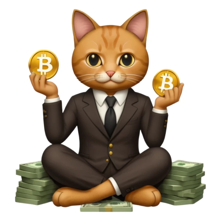 cat mafia corleone sitting on money, bitcoin BTC on hand sticker