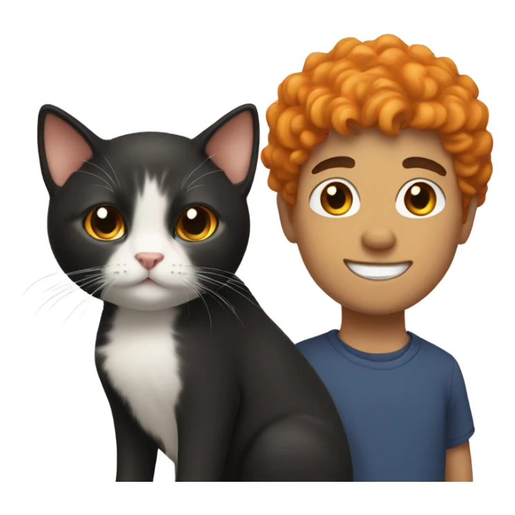 Standing guy with short black  curly hair holding a orange cat sticker