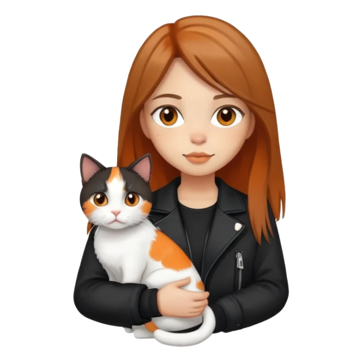 Light-skinned girl with brown straight hair wearing a black jacket, holding one pure white cat and one calico cat with orange black patches sticker