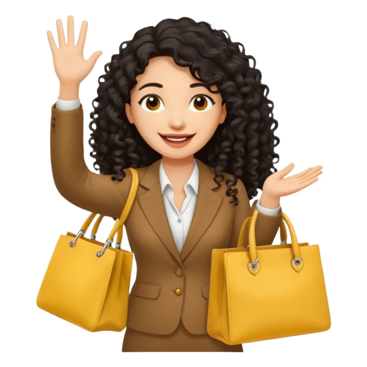 medium deep tan brown business woman with long black curly hair, waving hand with happy face with smile mouth and carrying bag on her shoulder and the other hand holding yellow stanley tumblr sticker