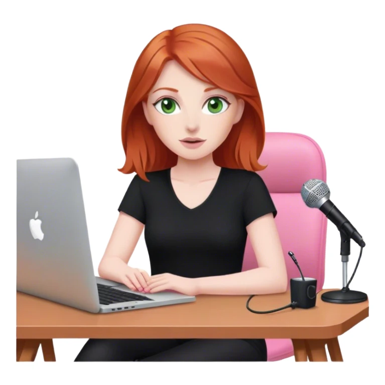 Redhead with green eyes sat at desk with pink MacBook and  podcast microphone black top and pink chair  sticker