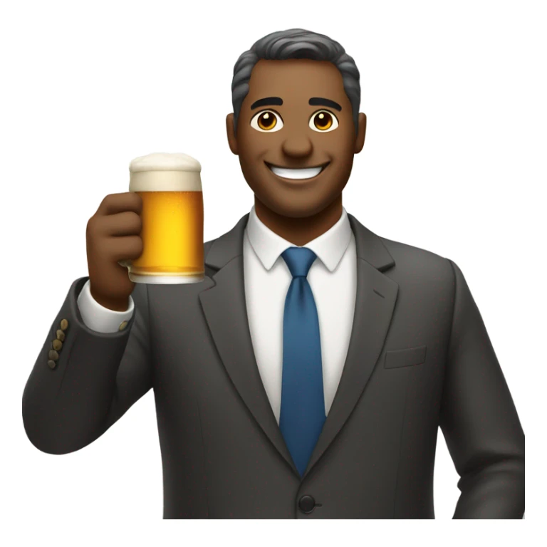 smiling man in formal attire holding a beer sticker