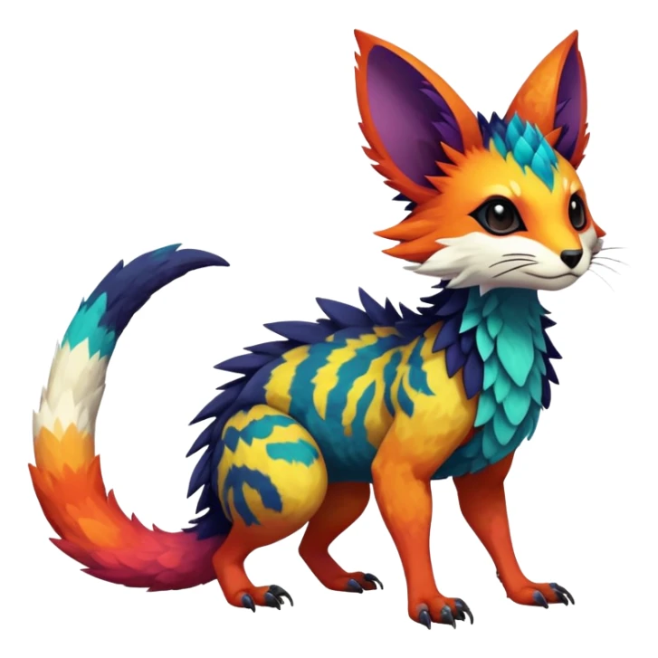 Rare realistic exotic edgy epic pretty beautiful handsome gorgeous aesthetic colorful vibrant Vernid-Trico-species-Fakemon-creature by LiLaiRa, 4 legs, 1 tail, random markings, tufted ears, (full body) sticker