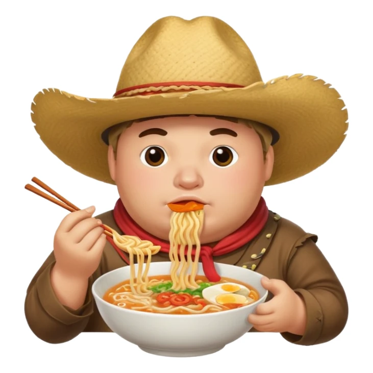 fat cowboy with a big hat eating ramen sticker