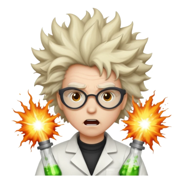 A mad scientist was crazy hair and an explosion sticker