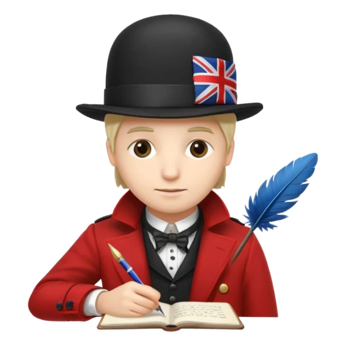 someone who is writing with a feather on a notebook, with an UK flag in the background sticker