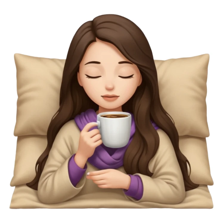 Brunette girl long hair inside a beige blanket sipping coffee eyes closed sticker