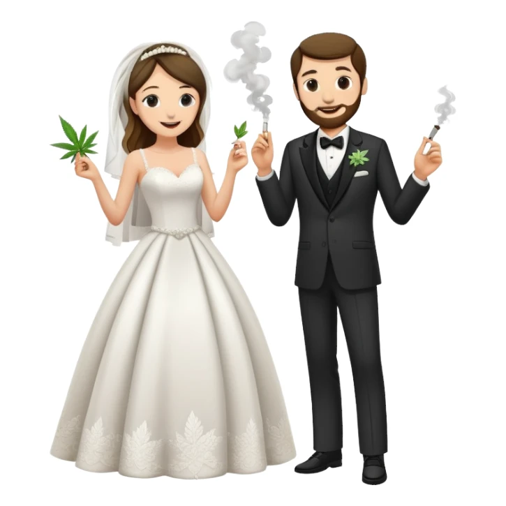 Wedding bride and groom, full body, smoking cannabis together, happy faces sticker