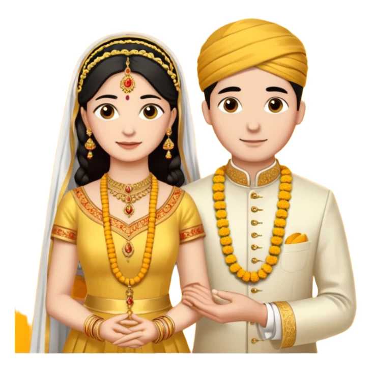 
A yellow sacred thread with two small gold pendants being tied around a bride's neck. The groom's hands are tying the knot while traditional Indian wedding elements like flowers and decorative details are visible in the background. Warm, ceremonial aesthetic. sticker