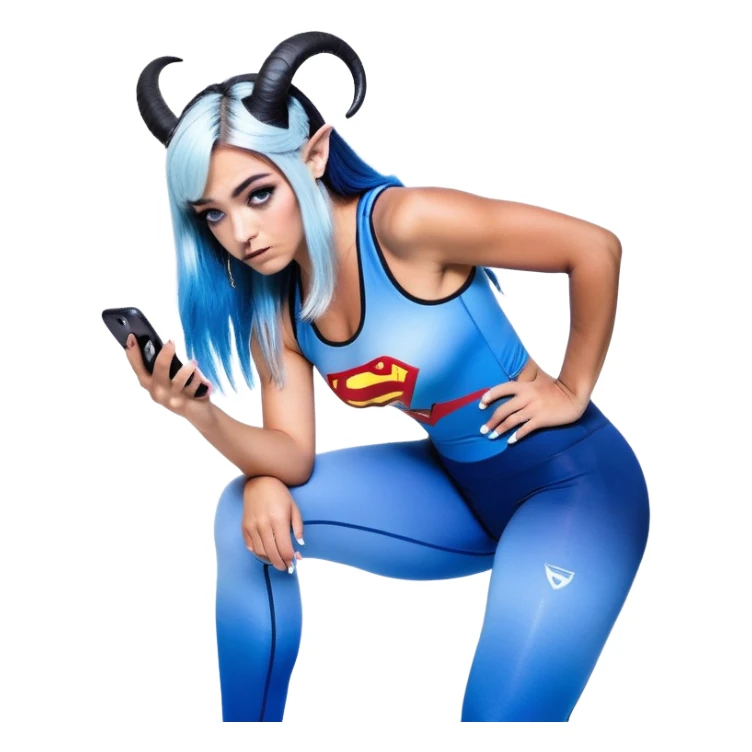 Disapponted-big tears-head back texting on phone-very very large upper body-sexy face-bending forward at waist-very long very straight dark blue to light blue ombre hair-and-blue eyes-thick black eyeliner-cute goat horns-iridescent blue lowcut tanktop with black leggings with glitter superman logo sticker