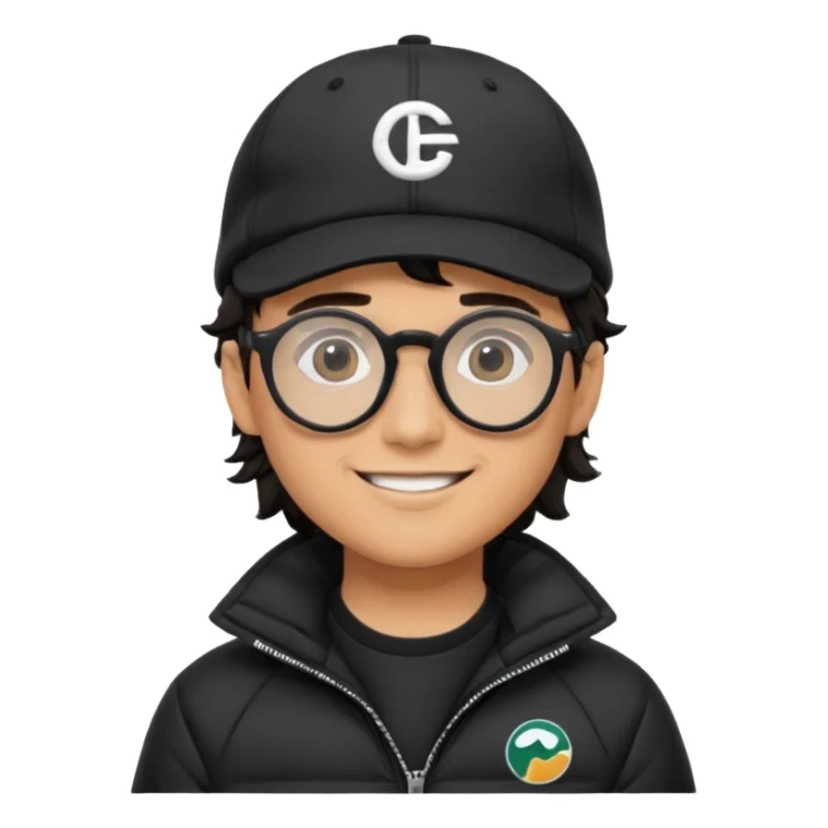 Young man wearing a black puffer jacket, black baseball cap with a small logo, round black glasses, wavy hair peeking out from under the cap, smiling. use dropcourse logo for cap and colouring for the puffer jacket sticker