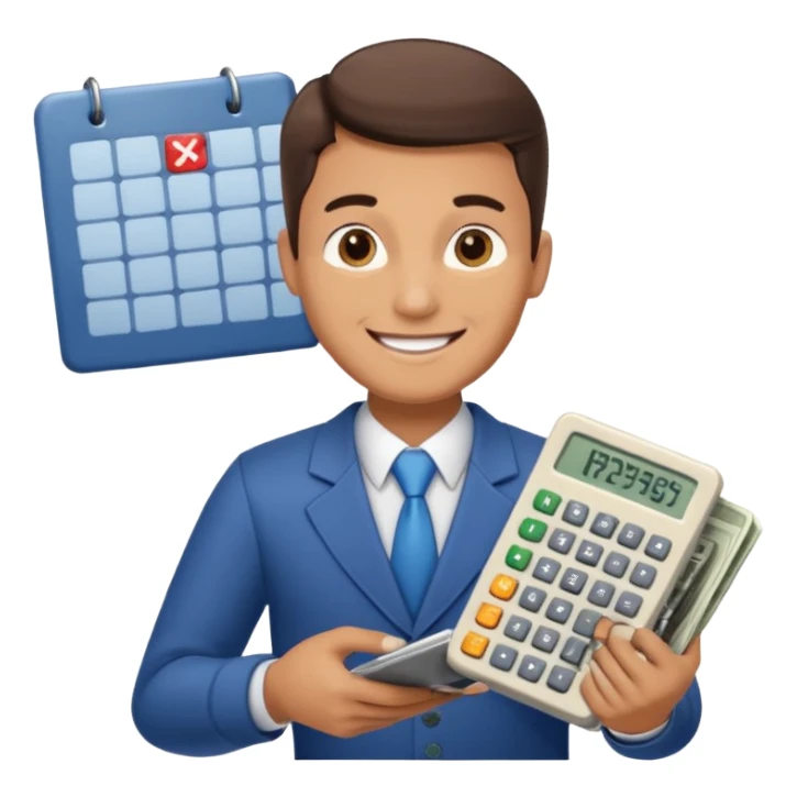 emoji, of a male AUDITOR smiling with Finance spreadsheet , a calculator,plus ADD A puzzle and a Balance for accounting. sticker