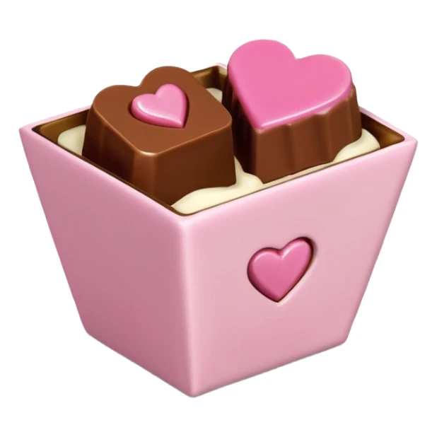 Two square milk chocolate 2 pralines only, Each praline is a sharp-edged cube with smooth glossy chocolate coating, placed in a small white fluted paper candy cup. On top of each cube is a flat pastel pink heart-shaped icing, thin and smooth, slightly translucent, with fine sugar crystal sparkle. sticker