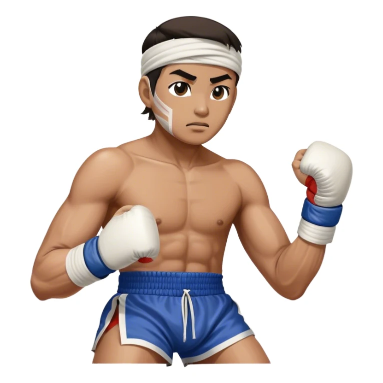 ​Cinematic Realistic Traditional Muay Thai Fighter, depicted in authentic attire featuring white bandaged gloves wrapped around his fists, a traditional headband tied neatly, and classic Muay Thai shorts, captured in a dynamic fighting stance under dramatic, high-energy lighting that highlights the raw power and elegance of the art, sticker