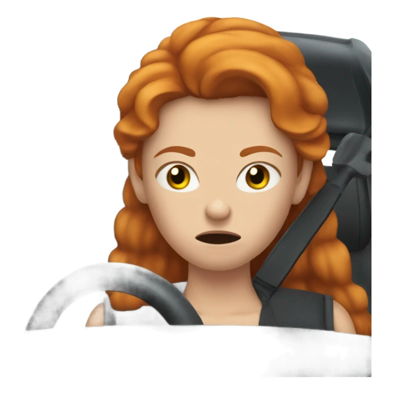 An angry ginger young woman with long ginger hair in a small old black car  sticker