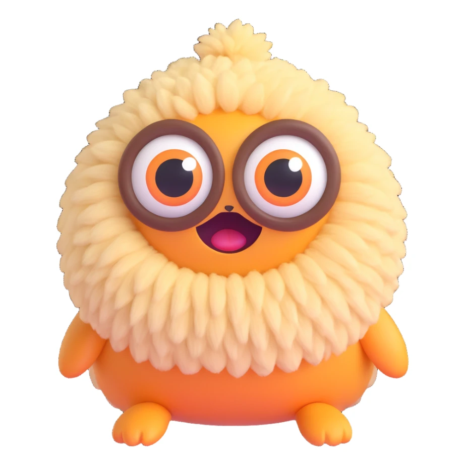quirky fluffy creature with big eyes in playful pose, random color, 3D emoji style sticker