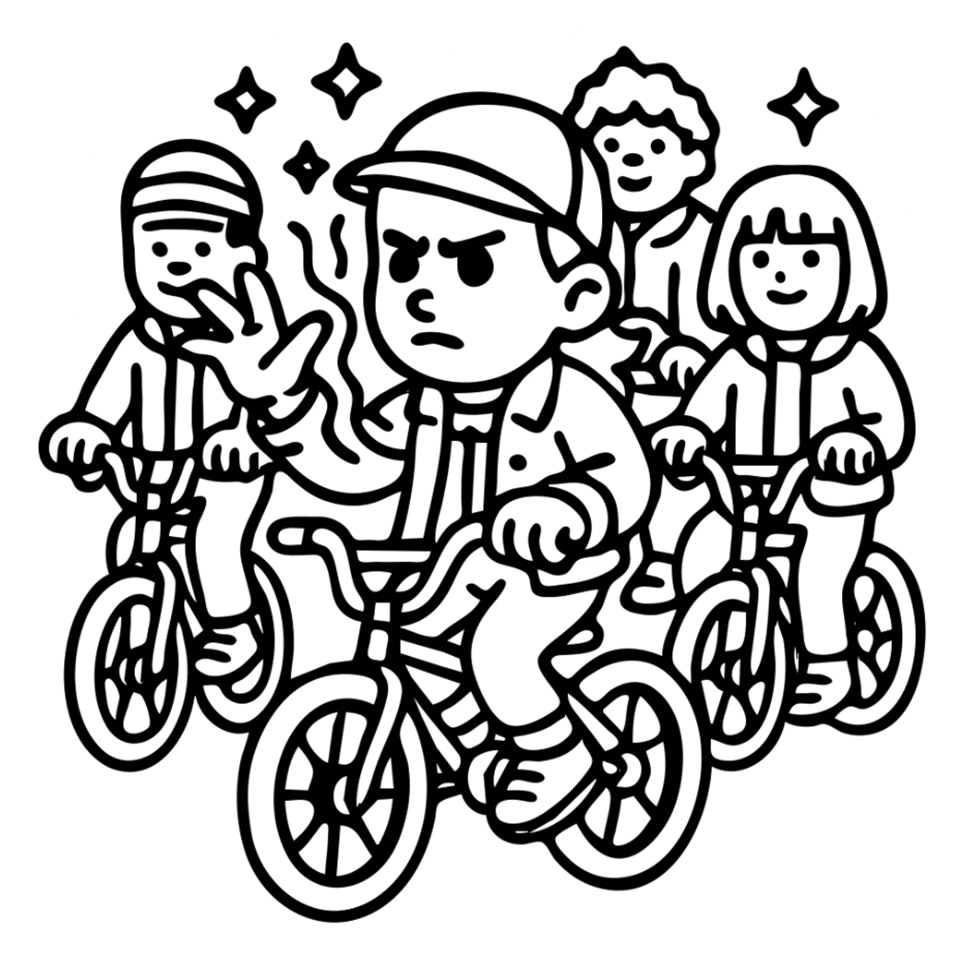 Stranger Things character in black and white line art, ideal for coloring. Personagem com bicicleta, poderes da Eleven, grupo de amigos, traços nítidos, sem cor. sticker