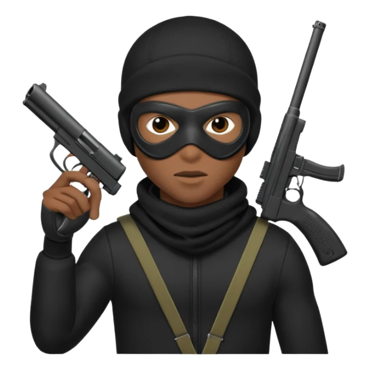A young African male wearing a ski mask in full black clothing, holding a micro Draco gun in the air carelessly sticker