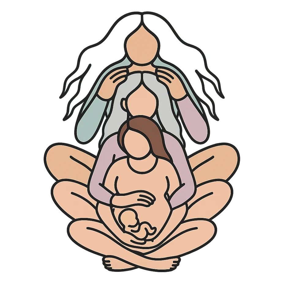 Variant: Several generations of women sitting one behind the other as in the reference, all dressed in flesh-colored bodysuits, Chinese Eastern style, icon-color-outlined style with thin clean contours, soft rounded shapes, pastel palette #98B5BC, #B5B3C1, #C9A3C9, #E4C0CA, #F7DCD1, #F7C0AA, emphasis on light and shadow, transparent background, no decoration, less cute. Composition and poses as in the reference. sticker